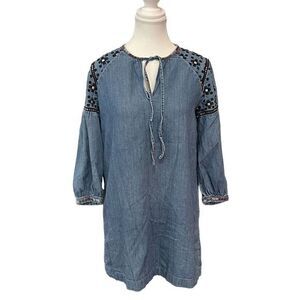 Madewell Blue Embroidered Boho Medium Wash Casual Shirt Dress Extra‎ Small